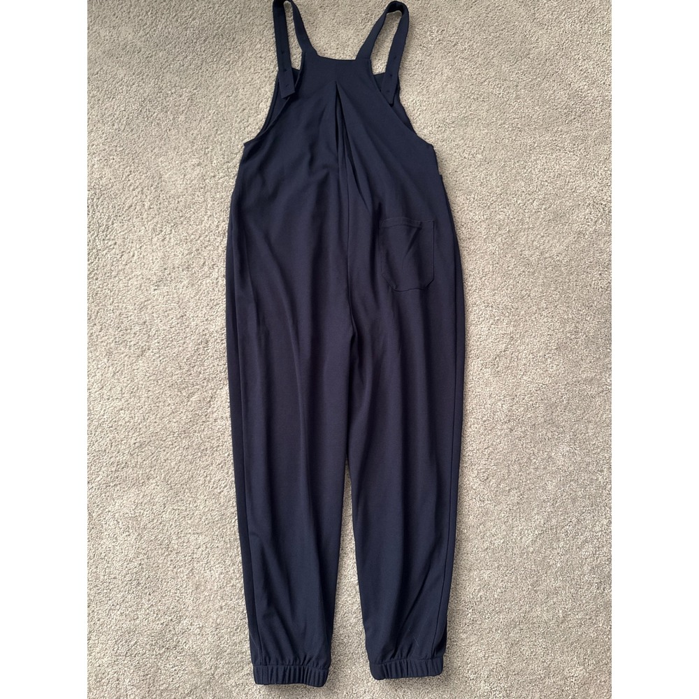 Halara Navy Blue Waffle Knit Pleated Bib Overalls Jogger Jumpsuit Womens Small - Picture 4 of 7